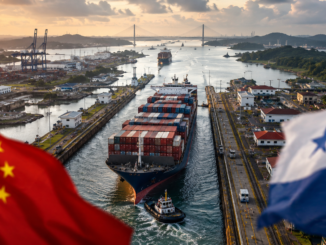 Buque portacontenedores transitando por el Canal de Panamá en medio de tensiones geopolíticas entre China y Panamá.