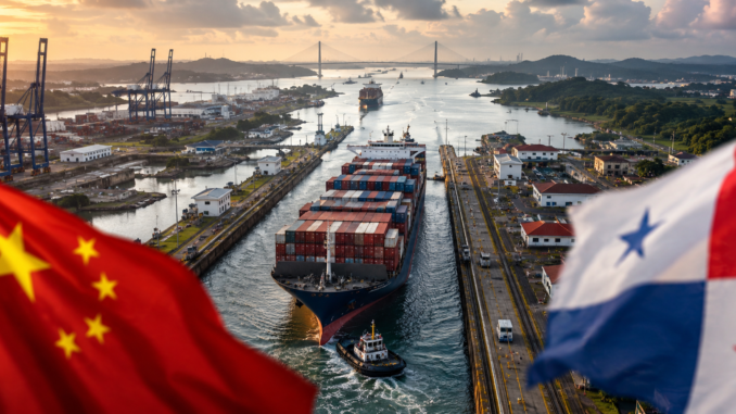 Buque portacontenedores transitando por el Canal de Panamá en medio de tensiones geopolíticas entre China y Panamá.