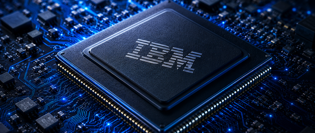 Chip de IBM de 0,7 nanómetros sobre una placa electrónica, representando la nueva arquitectura Nanostack para semiconductores de próxima generación.