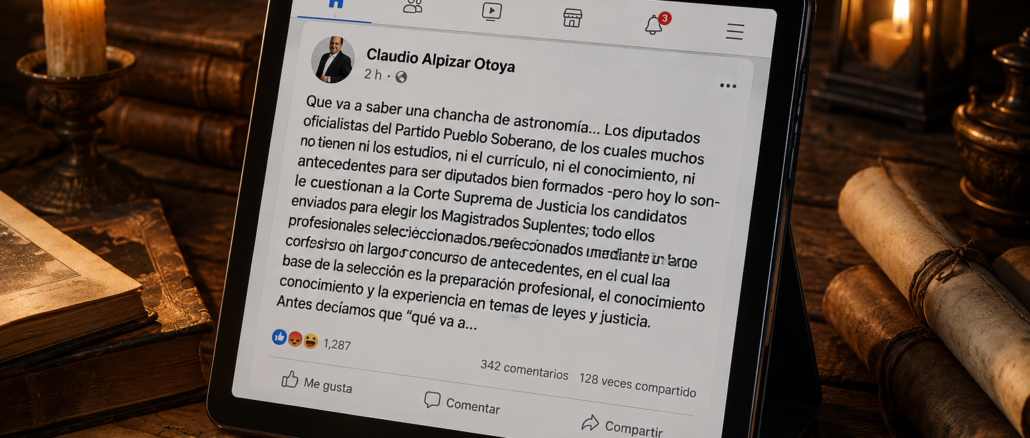 Publicación de Claudio Alpízar en una tableta digital ambientada en una biblioteca clásica, ilustrando la polémica con diputados oficialistas.