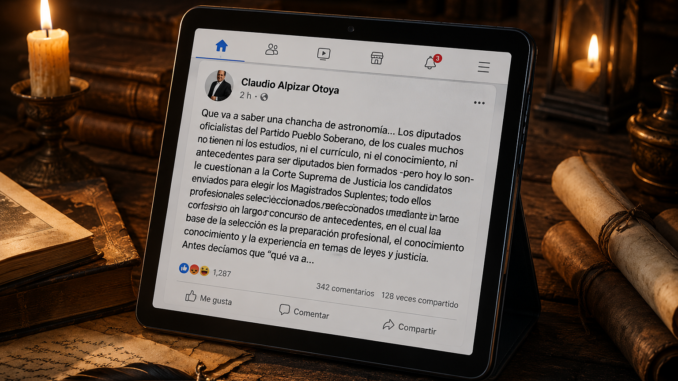 Publicación de Claudio Alpízar en una tableta digital ambientada en una biblioteca clásica, ilustrando la polémica con diputados oficialistas.