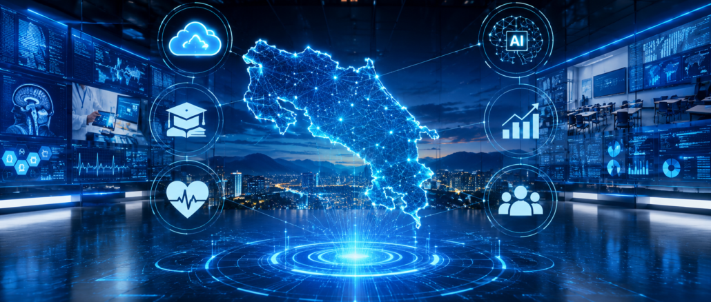 Mapa digital de Costa Rica rodeado de tecnologías de inteligencia artificial, educación, salud y computación en la nube.
