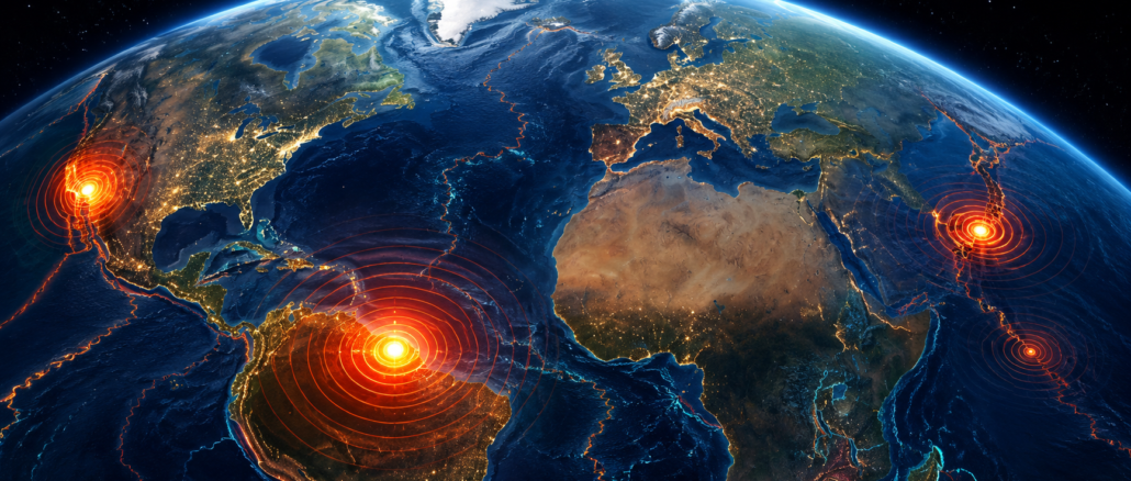 Ilustración del planeta Tierra con cuatro sismos de gran magnitud registrados en Venezuela, Japón y California.