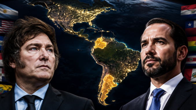 Javier Milei y Abelardo de la Espriella frente a un mapa de América que refleja el avance de gobiernos de derecha en el continente.
