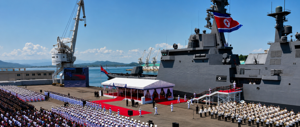 Destructor Choe Hyon de Corea del Norte durante la ceremonia oficial de puesta en servicio en el puerto de Nampo