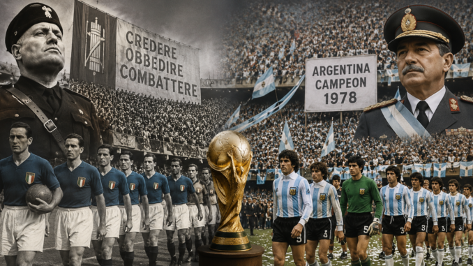 Dictadores y fútbol representados por la Italia de Mussolini y la Argentina de 1978 durante Mundiales utilizados con fines propagandísticos.