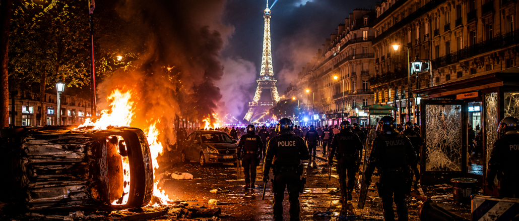 Policías antidisturbios avanzan entre vehículos incendiados durante los disturbios en París tras la victoria del PSG en la Champions League.
