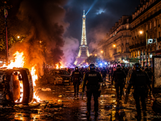 Policías antidisturbios avanzan entre vehículos incendiados durante los disturbios en París tras la victoria del PSG en la Champions League.