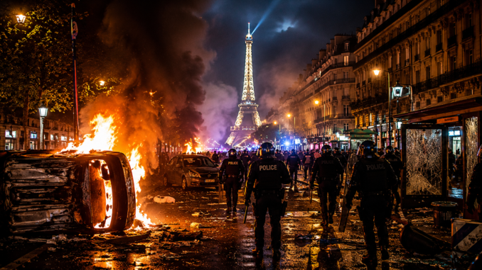 Policías antidisturbios avanzan entre vehículos incendiados durante los disturbios en París tras la victoria del PSG en la Champions League.