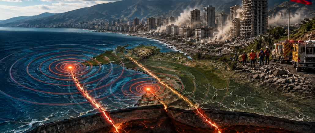 Ilustración del doblete sísmico en Venezuela mostrando dos epicentros frente a la costa norte, fallas tectónicas activas y daños ocasionados por los terremotos.