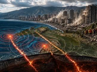 Ilustración del doblete sísmico en Venezuela mostrando dos epicentros frente a la costa norte, fallas tectónicas activas y daños ocasionados por los terremotos.