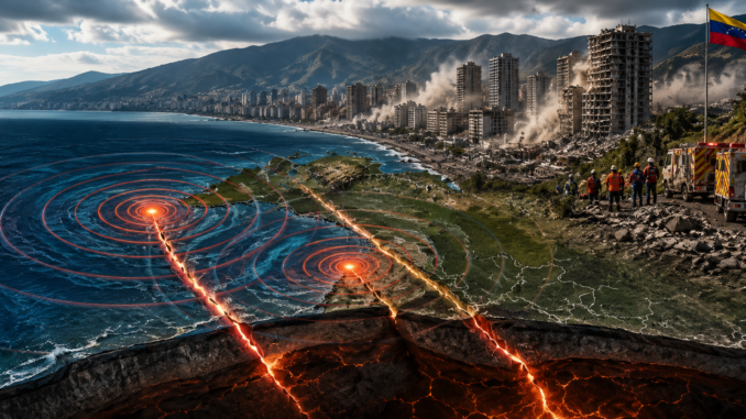 Ilustración del doblete sísmico en Venezuela mostrando dos epicentros frente a la costa norte, fallas tectónicas activas y daños ocasionados por los terremotos.