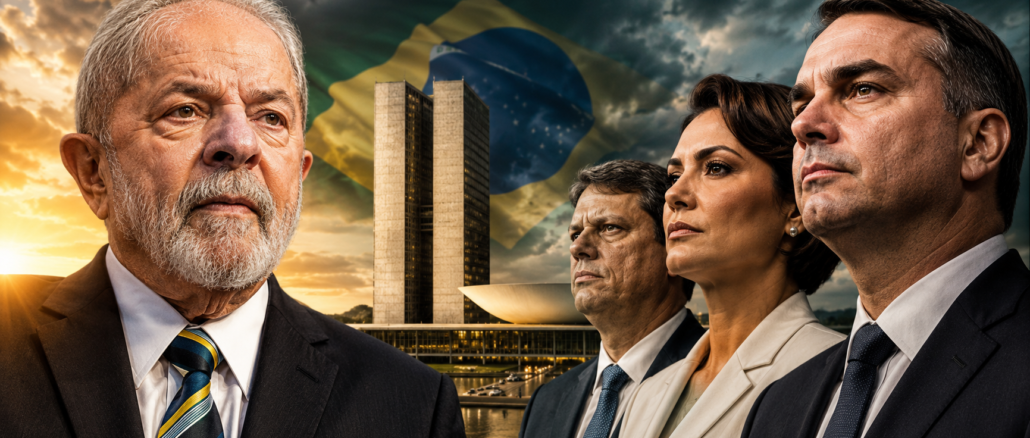 Montaje conceptual sobre las elecciones Brasil 2026 con Lula da Silva, líderes de la derecha y el Congreso Nacional en Brasilia.