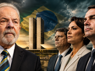 Montaje conceptual sobre las elecciones Brasil 2026 con Lula da Silva, líderes de la derecha y el Congreso Nacional en Brasilia.