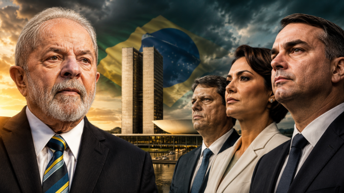 Montaje conceptual sobre las elecciones Brasil 2026 con Lula da Silva, líderes de la derecha y el Congreso Nacional en Brasilia.