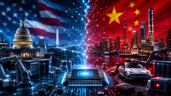 Representación de la rivalidad tecnológica entre Estados Unidos y China tras la inclusión de empresas chinas en la lista de empresas militares chinas del Pentágono.