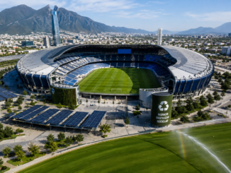 Estadio del Mundial 2026 con césped natural y sistemas de sostenibilidad ambiental exigidos por la FIFA.