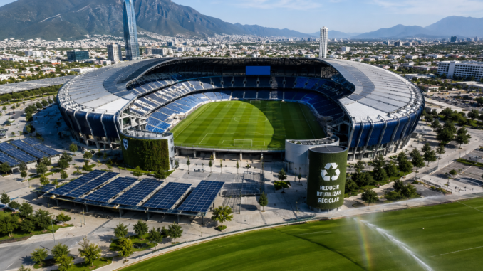 Estadio del Mundial 2026 con césped natural y sistemas de sostenibilidad ambiental exigidos por la FIFA.