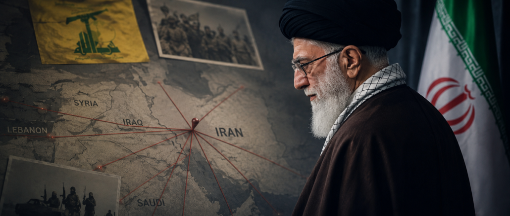 Mapa de Oriente Medio junto a símbolos vinculados a Irán y Hezbollah en una ilustración sobre estrategia regional y seguridad internacional.