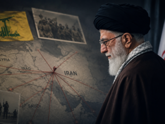Mapa de Oriente Medio junto a símbolos vinculados a Irán y Hezbollah en una ilustración sobre estrategia regional y seguridad internacional.