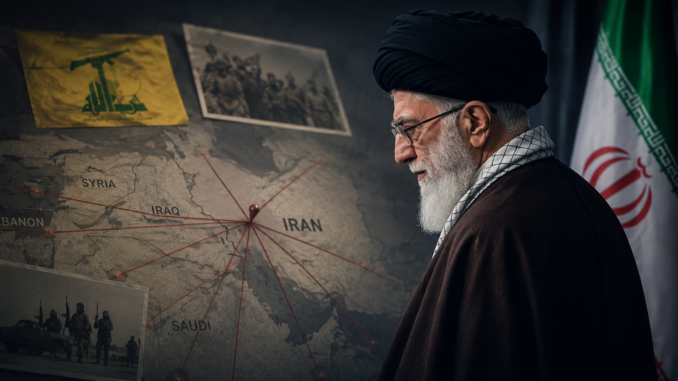 Mapa de Oriente Medio junto a símbolos vinculados a Irán y Hezbollah en una ilustración sobre estrategia regional y seguridad internacional.
