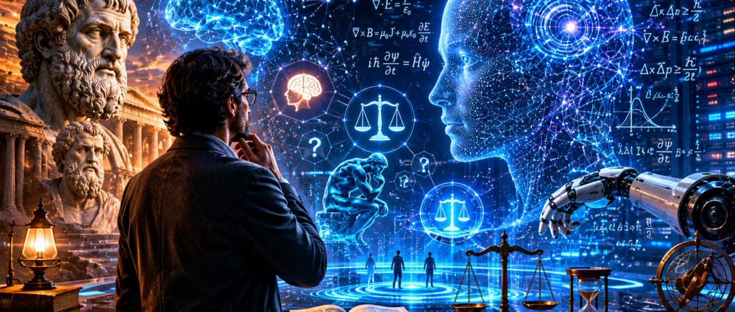 Filósofo analiza sistemas de inteligencia artificial en un laboratorio tecnológico mientras estudia dilemas éticos relacionados con la IA.