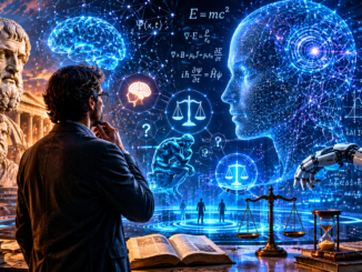 Filósofo analiza sistemas de inteligencia artificial en un laboratorio tecnológico mientras estudia dilemas éticos relacionados con la IA.