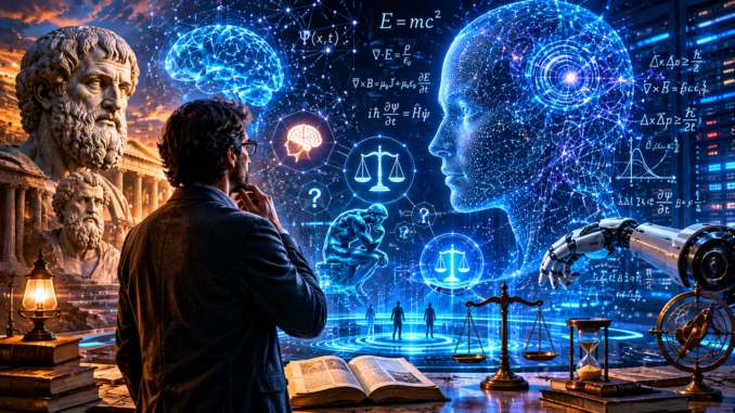 Filósofo analiza sistemas de inteligencia artificial en un laboratorio tecnológico mientras estudia dilemas éticos relacionados con la IA.