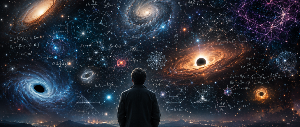 Representación de los grandes misterios de la física moderna, incluyendo agujeros negros, galaxias, materia oscura y teorías sobre el origen del Universo.