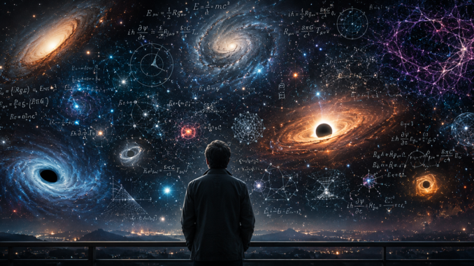 Representación de los grandes misterios de la física moderna, incluyendo agujeros negros, galaxias, materia oscura y teorías sobre el origen del Universo.
