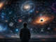 Representación de los grandes misterios de la física moderna, incluyendo agujeros negros, galaxias, materia oscura y teorías sobre el origen del Universo.