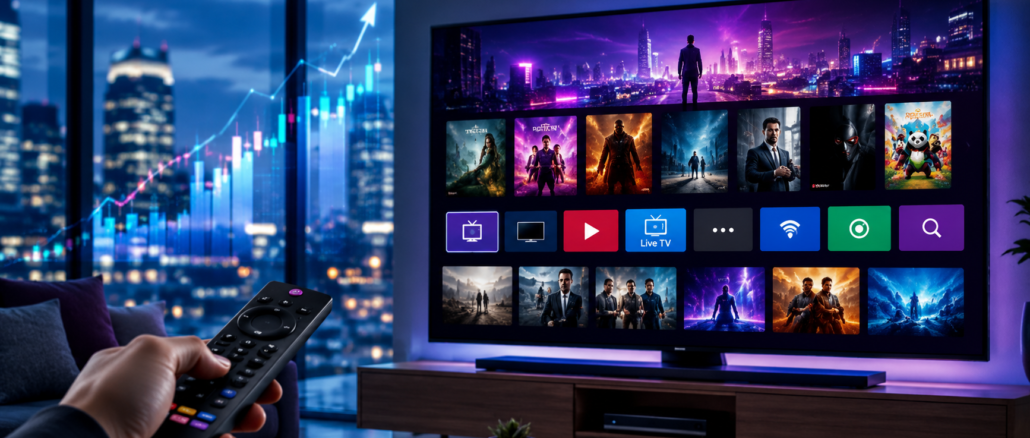 Pantalla de streaming en un televisor inteligente como representación de la compra de Roku por parte de FOX en una operación multimillonaria.