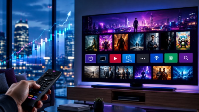 Pantalla de streaming en un televisor inteligente como representación de la compra de Roku por parte de FOX en una operación multimillonaria.