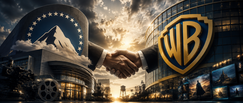 Representación conceptual de la fusión entre Paramount y Warner Bros. Discovery, una operación que enfrenta revisión regulatoria en el Reino Unido.