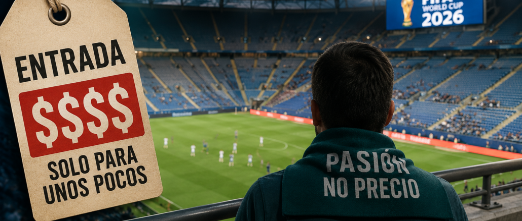 Aficionado observa un partido del Mundial 2026 mientras una etiqueta simboliza el alto costo de las entradas.