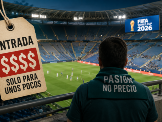 Aficionado observa un partido del Mundial 2026 mientras una etiqueta simboliza el alto costo de las entradas.