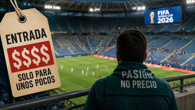 Aficionado observa un partido del Mundial 2026 mientras una etiqueta simboliza el alto costo de las entradas.