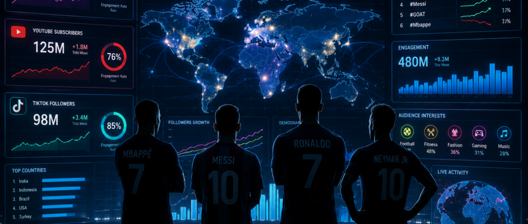 Futbolistas con más seguidores en redes sociales analizados mediante métricas digitales y mapas globales de audiencia.