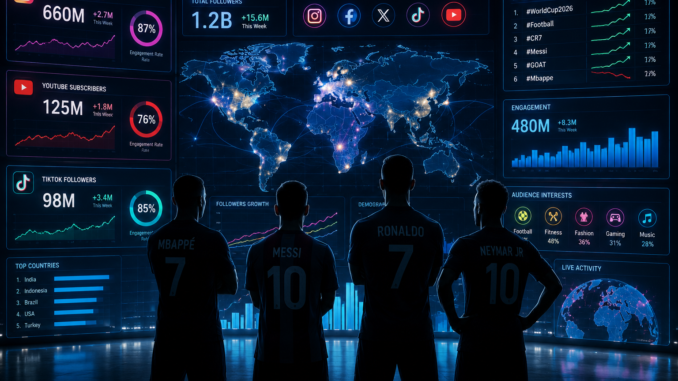 Futbolistas con más seguidores en redes sociales analizados mediante métricas digitales y mapas globales de audiencia.