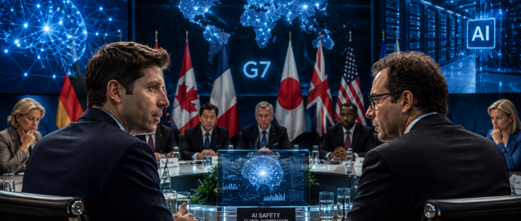 Representación ilustrativa generada con inteligencia artificial de una reunión internacional sobre el control de modelos avanzados de IA en el marco del G7.