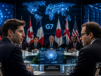 Representación ilustrativa generada con inteligencia artificial de una reunión internacional sobre el control de modelos avanzados de IA en el marco del G7.