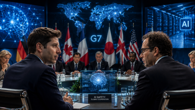 Representación ilustrativa generada con inteligencia artificial de una reunión internacional sobre el control de modelos avanzados de IA en el marco del G7.