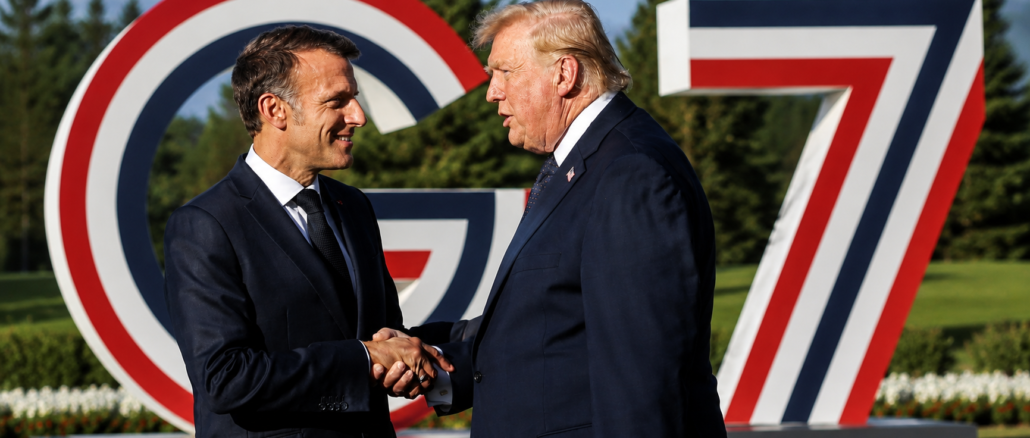 Donald Trump y Emmanuel Macron durante una reunión del G7 mientras los líderes occidentales coordinan nuevas medidas de presión contra Rusia por la guerra en Ucrania.