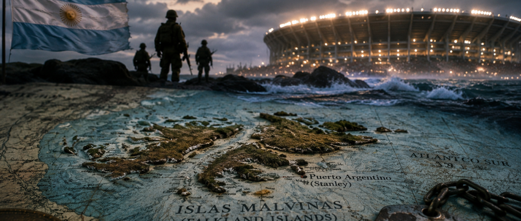 Mapa de las Islas Malvinas junto a un estadio de fútbol, representando el impacto de la guerra en los Mundiales.
