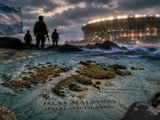 Mapa de las Islas Malvinas junto a un estadio de fútbol, representando el impacto de la guerra en los Mundiales.