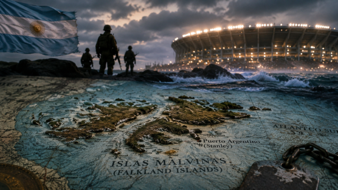 Mapa de las Islas Malvinas junto a un estadio de fútbol, representando el impacto de la guerra en los Mundiales.