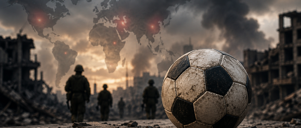 Guerra y Mundial de fútbol representados por un balón en una zona afectada por un conflicto armado.