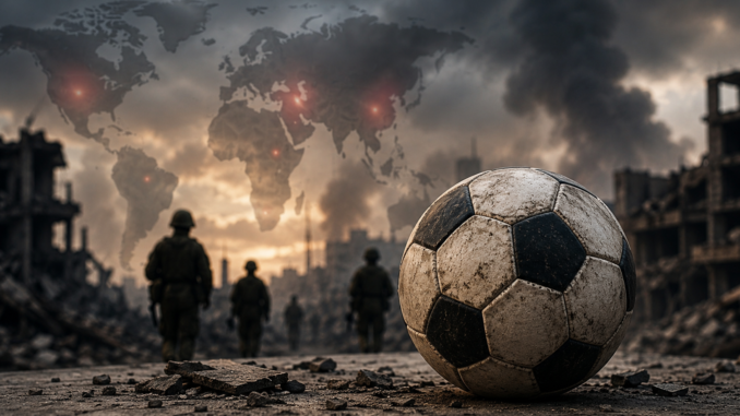 Guerra y Mundial de fútbol representados por un balón en una zona afectada por un conflicto armado.