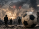Guerra y Mundial de fútbol representados por un balón en una zona afectada por un conflicto armado.