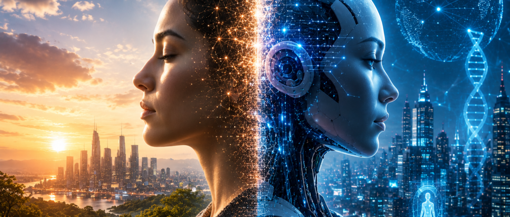 Humanidad e inteligencia artificial representadas como una evolución híbrida entre inteligencia biológica y tecnología avanzada.